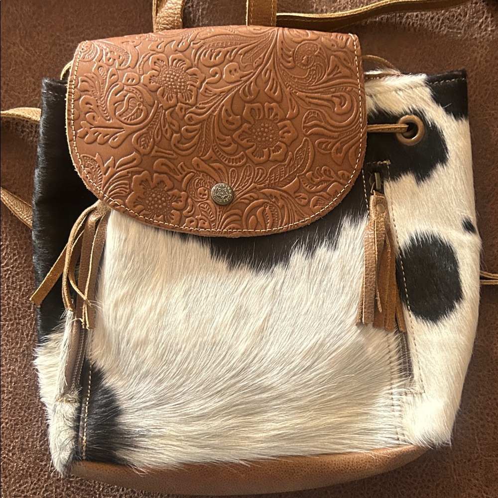 Myra Bag Tan and Black Cowhide Backpack